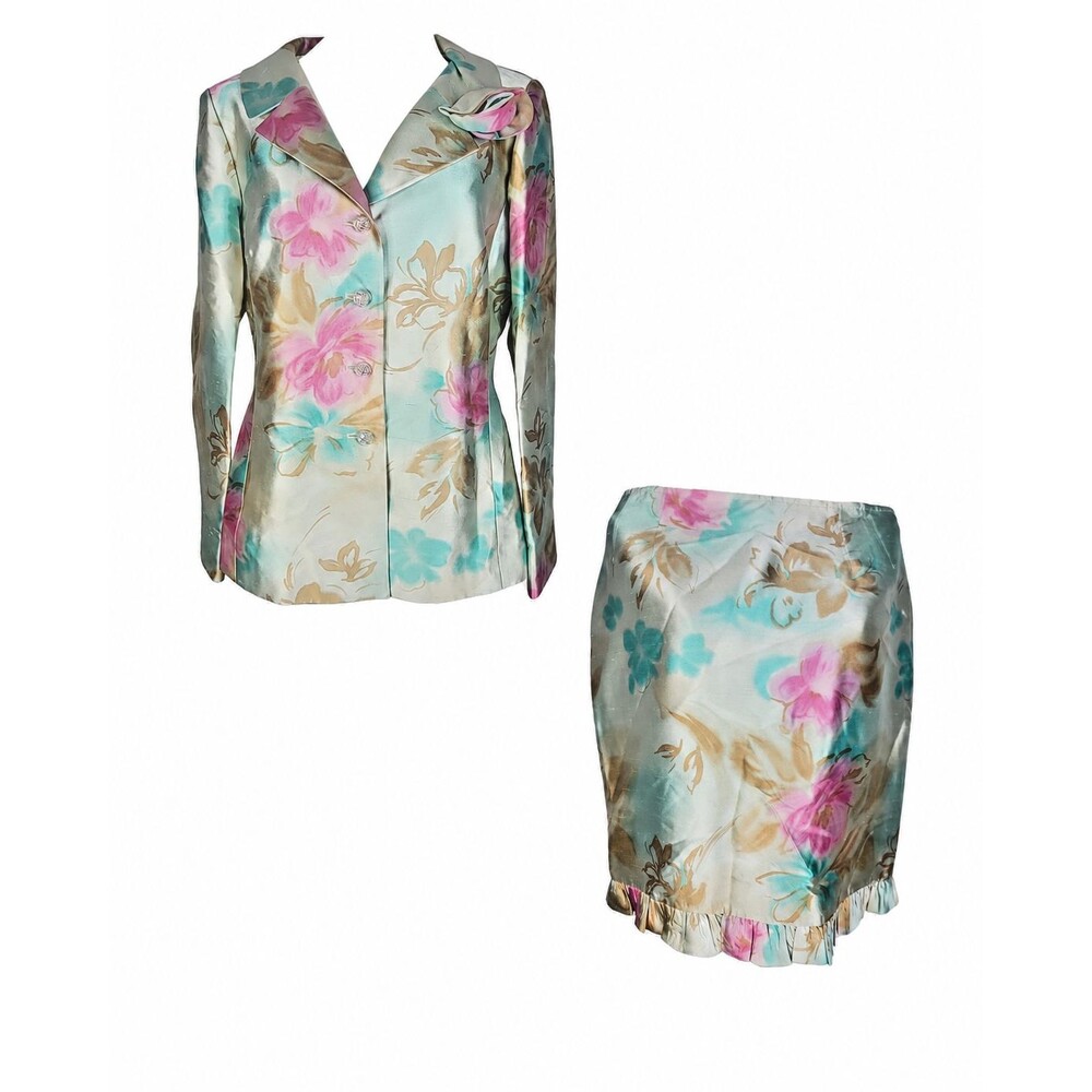 Teri Jon By Rickie Freeman Size 12 Blazer & Skirt Suit Pastels Watercolor Rare